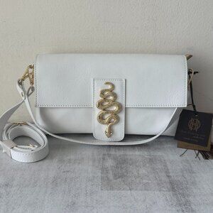 House of Harlow 1960 Genuine Leather Crossbody Handbag White Italy Snake Accent